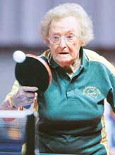 Dorothy De Low, 95-year-old from Sydney, Australia, in action during her match against 94-year-old Yukie Uchida from Japan at the World Veteran Table Tennis Championships in Bremen, Germany on Monday.