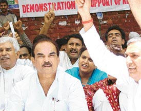 DP Yadav, president, National Union of Backward Classes, SCs, STs and Minorities, leads a dharna in support of the government's intention to implement 27 per cent reservation in educational institutions at Jantar Mantar in New Delhi on Wednesday