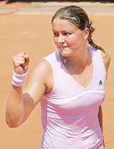 Russias Dinara Safina celebrates after beating compatriot Elena Dementieva in the quarterfinal of the Rome Masters tennis tournament on Friday