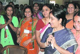 BJP leader Sushma Swaraj during the BJP Mahila Morcha training camp at the party office in the Capital on Saturday