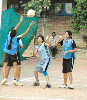 Netball girl players practise in the training camp being held at Mount Carmel School, Sector 47, on Monday.