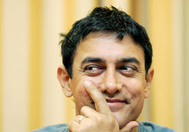 Bollywood star Aamir Khan gestures during a press conference in Madrid on Tuesday. 