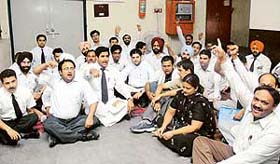Activists of the Organisation of Young Lawyers stage a dharna against the quota issue at district courts complex in Phillaur