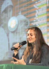 French tennis player Mary Pierce addresses a press conference in Paris on Friday