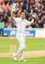 Englands Kevin Pietersen celebrates on completing a century on the second day of the second Test against Sri Lanka at Edgbaston on Friday