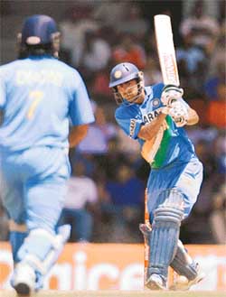 Mohammad Kaif plays a shot during the fourth one-dayer against the West Indies in Port of Spain on Friday