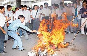 Doctors burn copies of their degrees during a protest at the GMCH-32 in Chandigarh