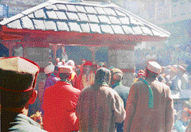 SHARPENING TEETH: Kardars of devtas and their oracles at dharam sansad in Naggar opposing the ski village. 