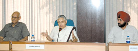 Delhi Chief Minister Sheila Dikshit with Chief Secretary R. Narayanswami and Delhi Education Minister A. S. Lovely during a meeting with Michael Fennel, President, Commonwealth Games at Delhi Secretariat in the Capital 