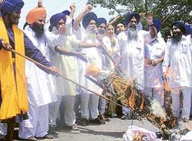 Protesters of the Akali Dal burn an effigy of Prime Minister Manmohan Singh against hike in prices of fuel in Mohali on Saturday.