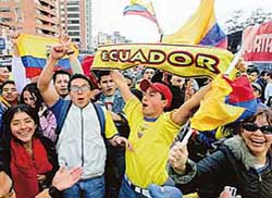 Hundreds of Ecuadorians celebrate in the streets of Quito, capital of Ecuador, on Friday after their victory over Poland in the FIFA World Cup. 
