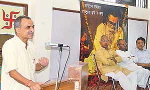 Mr Adish Kumar, national publicity chief of the RSS, addressing the birth centenary celebrations of the second sarsanghchalak, Madhav Sadashiv Golwalkar in Ludiana on Sunday.