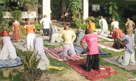 Students of Everest School perform yoga at the school in Ludhiana