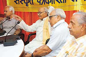 Dr Ramakant Angiras, Dr R.D. Sharma, Mr Radheshyam Sharma and Mr C.R. Moudgil at a seminar on ‘Journalism in Sanskrit’ in Panchkula on Wednesday.