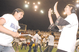 Girls giving a demonstration of self defence skills acquired at a camp organised by Delhi Police in the Capital on Wednesday. 
