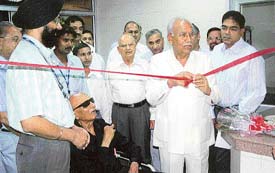 Dr Brjmohan Lall Munjal, president of Dayanand Medical College and Hospital managing committee inaugurates a pathology lab and upgraded wards in Ludhiana on Friday. 