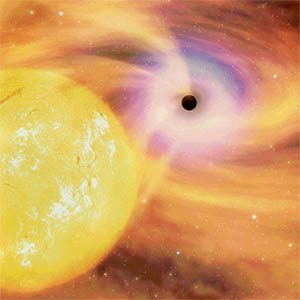 An artists impression of a supermassive black hole at the centre of a galaxy, and a star in its proximity