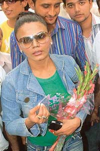Rakhi Sawant on her way to meet National Commission for Women chairperson Girija Vyas in New Delhi