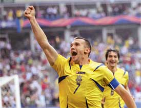 Ukraines Andriy Shevchenko celebrates his goal against Saudi Arabia during their Group H match in Hamburg on Monday