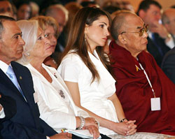 Jordanian Prime Minister Marouf Bakheet, Marion Wiesel, a writer, Jordans Queen Rania and the Dalai Lama listen to King Abdullahs speech at the opening ceremony of the second conference of Nobel laureates held in the Nabatean city of Petra