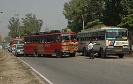 Buses often create traffic chaos on the GT Road. The buses frequently halt along the road without valid stoppage points and the traffic police remains a mere spectator. A view of such a chaos at the PAP Chowk in Jalandhar on Thursday.