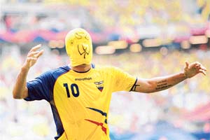 Ecuadors Ivan Kaviedes put on a Spiderman-style mask after he scored a goal against Costa Rica