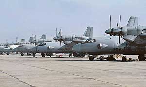 A line-up of AN-32 transport aircraft operated by 48 Squadron at the Chandigarh Air Force Station.