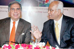 Dr R.A. Mashelkar, Director-General, Council of Scientific and Industrial Research, having a word with Mr Ratan Tata, Chairman, Tata Industries Ltd, at the launch of Indigene Pharmaceuticals, in Mumbai