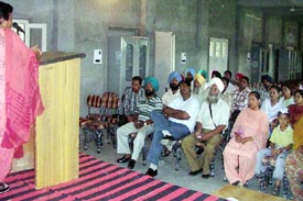 Mrs Krishna Sharda, Principal, addresses a group of teachers at Shaheed Kartar Singh Dukki Government Senior Secondary School, Latala, on Friday