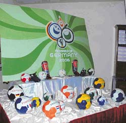 Footballs of all shapes and sizes displayed at a hotel in Jalandhar 