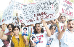 Family members of Meemanshu Tiwari who died at AIIMS earlier this week after a road accident with a police vehicle demonstrating in the Capital