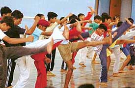 Participants learn self-defence techniques during the month-long training camp which concluded at the skating rink, Sector 10, Chandigarh, on Sunday