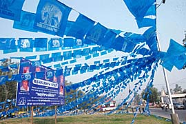 Strings of plastic buntings of a political party tied all around the Rama Mandi Chowk in Jalandhar on Sunday.