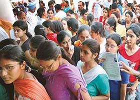 Students line up for admission at Government College for Girls, Sector 11, in Chandigarh