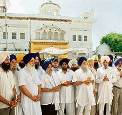 Mr Jaswant Singh Mann, President of the All-India Shiromani Akali Dal, and others perform ardas at Akal Takht in Amritsar on Thursday. 