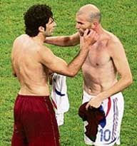 Portugals Luis Figo exchange shirts after the match.