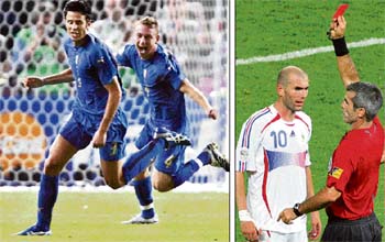 Italys Fabio Grosso, accompanied by team-mate Daniele De Rossi, celebrates after scoring the winning penalty; Frances Zinedine Zidane gets a red card from referee Horacio Elizondo