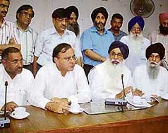 Mr Parkash Singh Badal and Mr Arun Jaitley address a joint press conference in Ludhiana on Sunday.