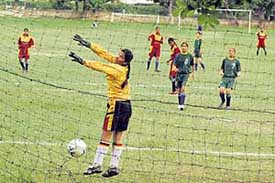 An unsuccessful attempt by the Uttaranchal goalkeeper in a match against Orissa during the U-17 National Girls Football Tournament at the PEC Grounds, Chandigarh, on Friday