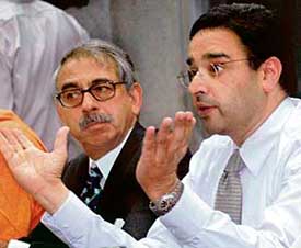 Dr Gurpreet Dhillon  makes a point as Mr M. L Sarin,Chairman,SJOBA Foundation, looks on at CII, Chandigarh, on Friday