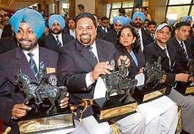 Punjab sportspersons after receiving the Maharaja Ranjit Singh Award at a function in Zirakpur