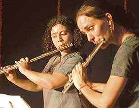 Ms Marie Cecile and Aurelie Fery, western classical flute players, perform at Pracheen Kala Kendra in Sector 35, Chandigarh, on Sunday.