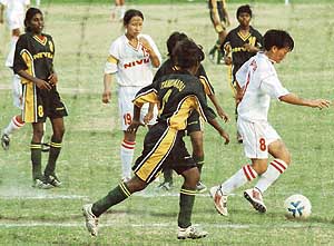 A match in progress between Manipur and Tamil Nadu in the under-17 Girls National Tournament at PEC grounds in Sector 12, Chandigarh.