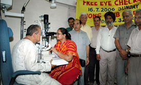 A patient gets his eyes examined at a free check-up camp organised by the Lions Club, Ludhiana, on Sunday