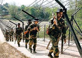 BSF jawans patrol at the Indo-Bangladesh border in Bakshanagar on Monday. Security has been stepped up along the border
