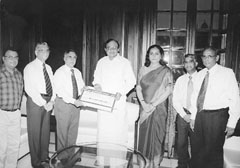 Mr K.N. Prithviraj, Chairman and Managing Director of Oriental Bank of Commerce (left), hands over a dividend cheque for Rs 57.60 crore to Finance Minister P. Chidambaram in New Delhi 
