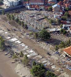 An aerial view of the tsunami-hit Pangandaran beach
