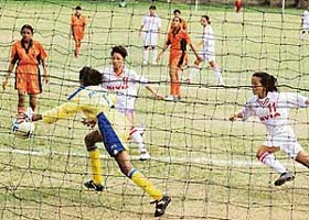 Haryana and Manipur teams during their quarter-final match at the third Junior Girls under-17 Football Championship in Chandigarh