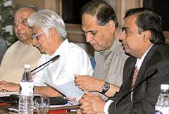 Mr R.P.Goenka, Mr Azim Premji, Mr Rahul Bajaj and Mr Mukesh Ambani at a meeting of the Prime Ministers Council on Trade and Industry
