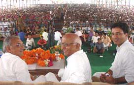 The Haryana Chief Minister, Mr Bhupinder Singh Hooda, the senior Congress leader, Mr Shamsher Singh Surjewala, and the Haryana Transport Minister, Mr Randeep Singh Surjewala, at a rally in Narwana on Thursday.